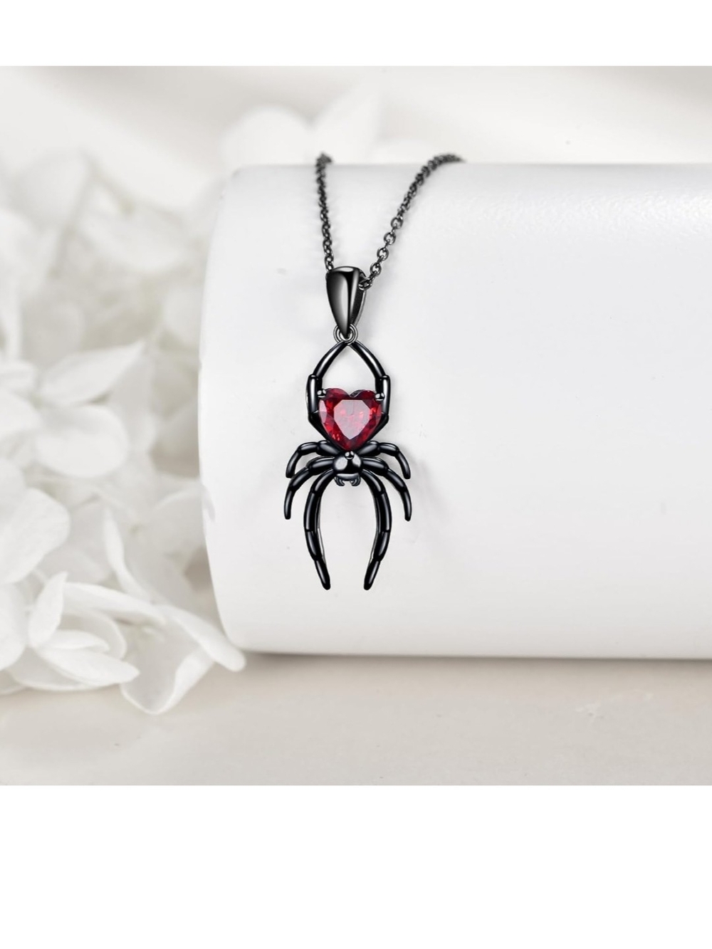 Black Spider Pendant Necklace with Red Heart Gem